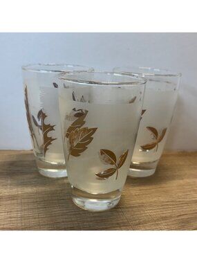 Libbey Set Of 3 Gold Leaf Pattern Glass Tumblers Frosted Design 8oz Capacity